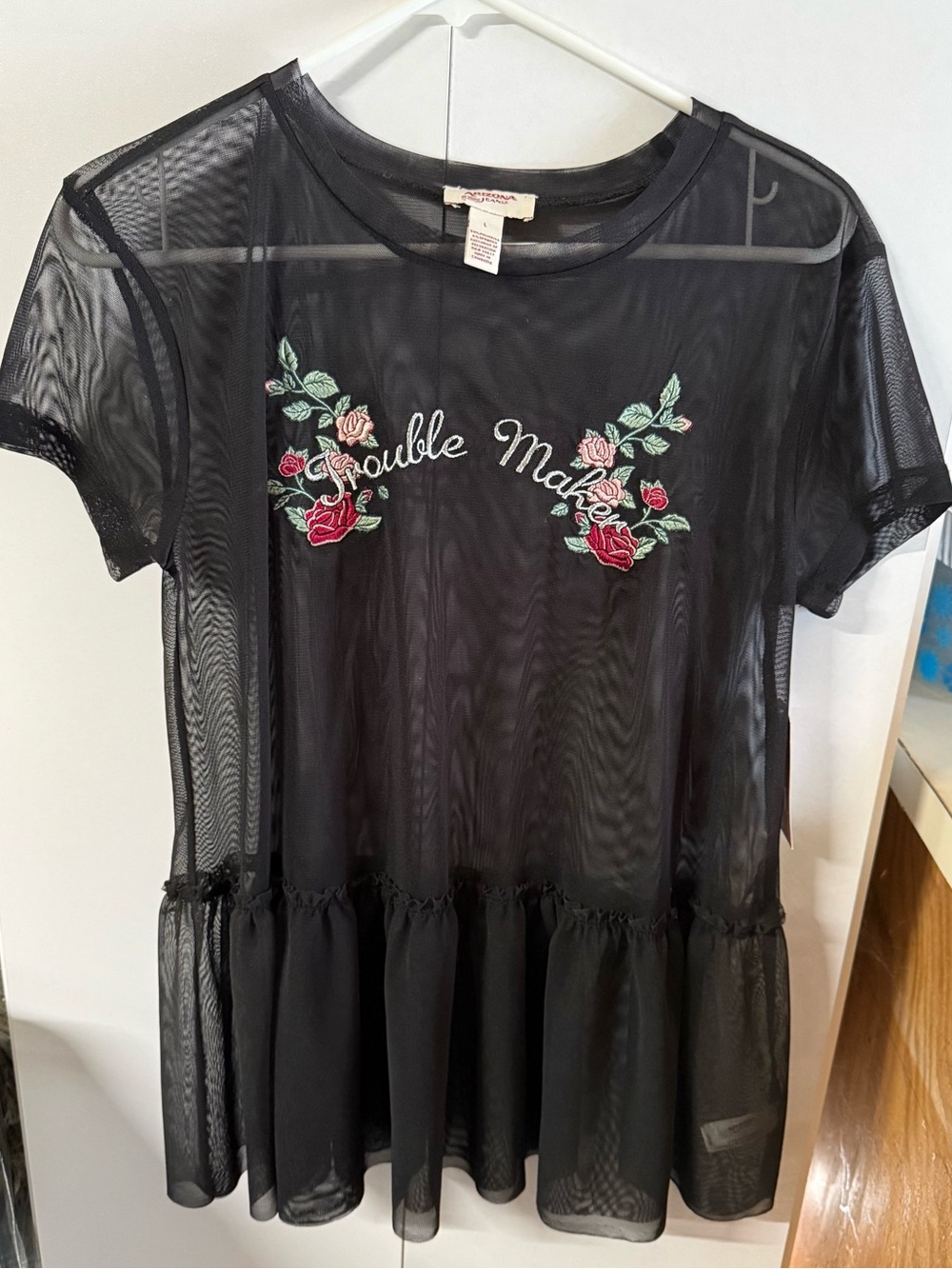 Junior’s Black Mesh Peplum Top with Rose Embroidery